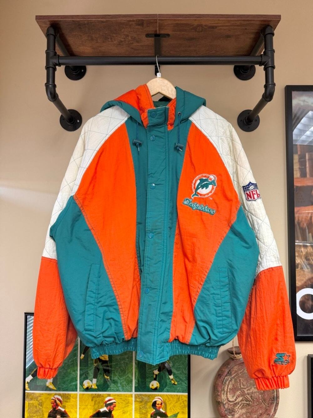 90s Starter Miami Dolphins Vintage Teal Hooded Puffer Anorak Jacket Apex One